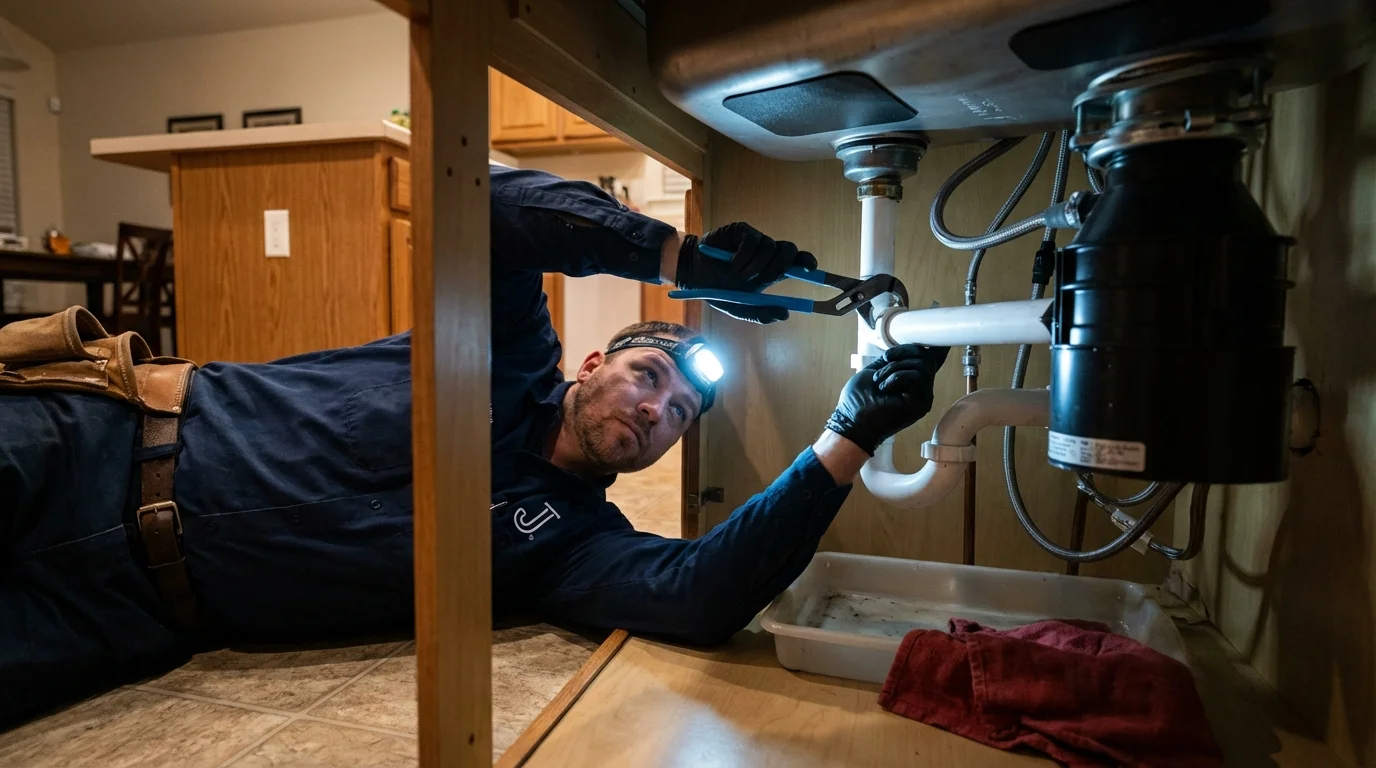P-trap and supply line connections under a kitchen sink showing a common leak point in Granger, WA